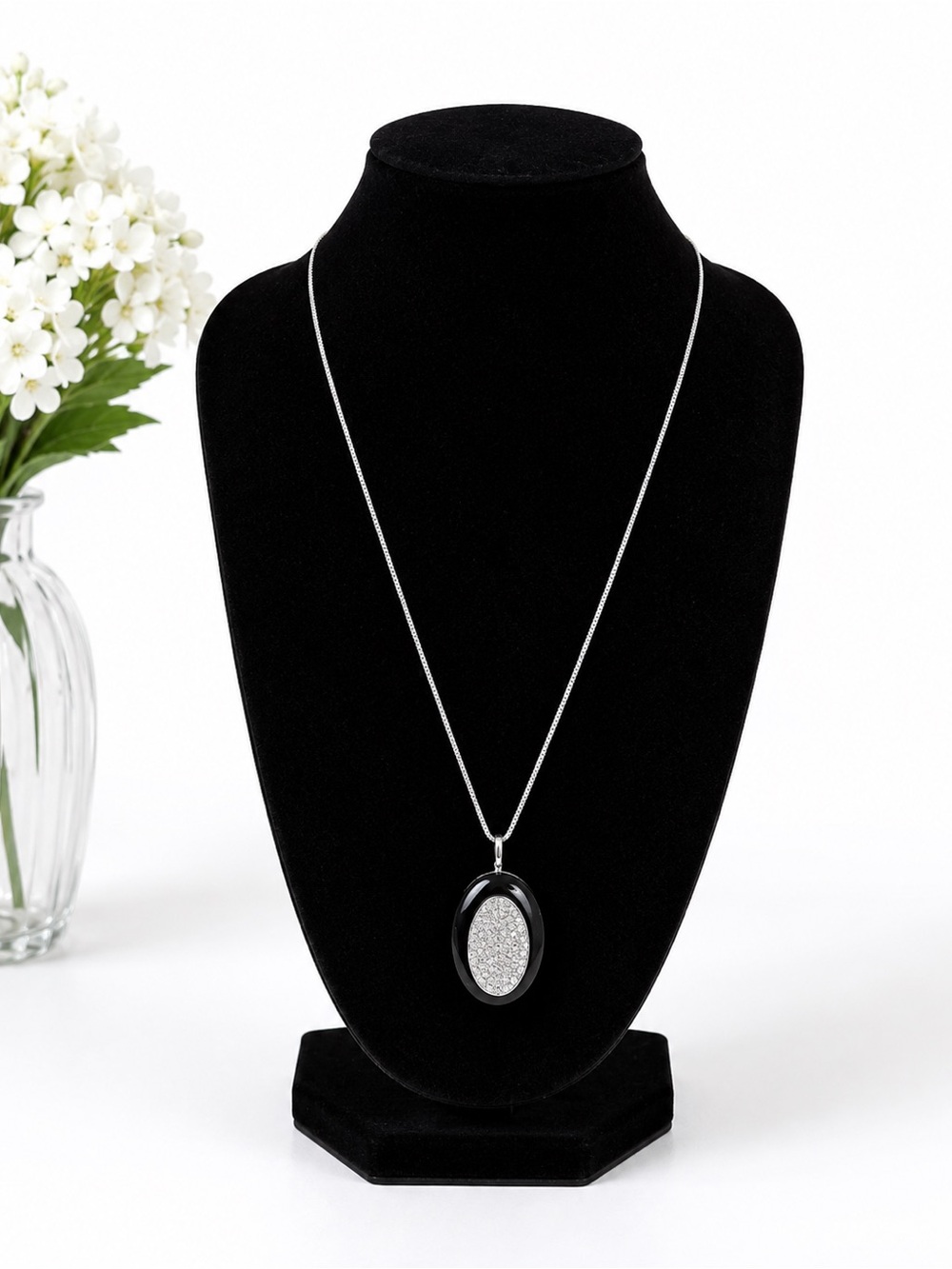 925 Sterling Silver Moissanite and onyx Oval  Pendant Necklace